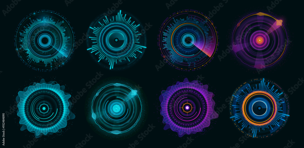 Leinwandbilder Round circle futuristic chart and HUD interface dashboard elements, vector infographic diagrams. HUD radar scans and sonar detectors with target aim monitor for dashboard info data charts and graphs