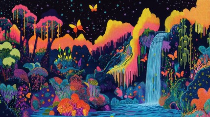 Neon-colored dots creating an abstract paradise landscape with trees, waterfall, flowers, and flying butterflies