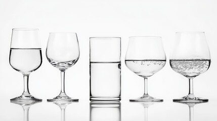 Several glasses filled to various levels, abstract on white background, minimalistic exploration of water balance