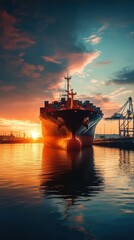 A large container cargo ship is beeing loaded in a commercial dock during sunset
