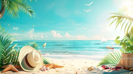 Fototapeta premium Tropical Beach Scene with Summer Essentials