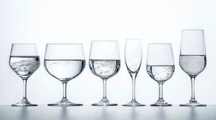 Varying levels of water in glasses, abstract composition on white background, modern fluid balance concept
