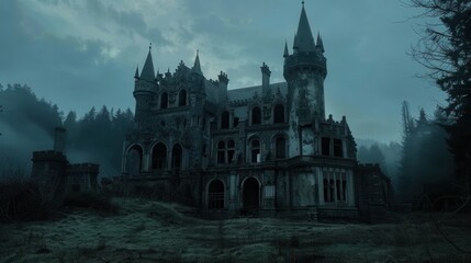 Obraz premium The decaying mansion stands hauntingly in the dark, engulfed by an eerie fog and the foreboding silhouette of surrounding trees