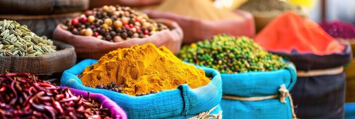 Fototapeta premium Vibrant bags brimming with whole and ground spices inviting a culinary exploration. Discover the rich variety of flavors in this genuine market atmosphere.