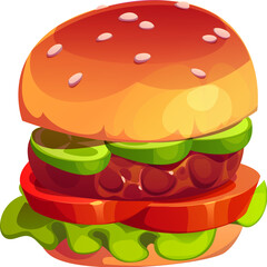 Cartoon fast food burger, classic hamburger with meat and vegetables between buns with sesame seeds. Isolated vector meal, American street junk snack, bistro, cafe or restaurant takeaway fastfood dish