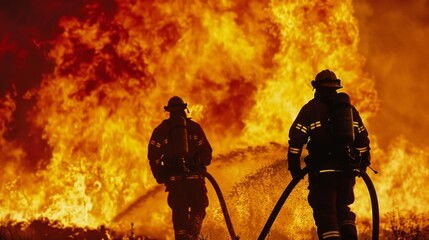 Fototapeta premium Firefighters brave danger to protect lives and property from blazing infernos.