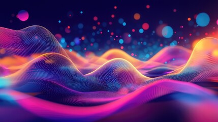 Fototapeta premium Vibrant neon geometric shapes flowing over a neon dots landscape, paradise-like background, abstract digital art