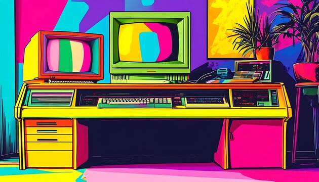 A vibrant, colorful pop art style featuring a classic computer from the 80s. Use bold, contrasting colors and thick outlines to give the image a comic book-like appearance.