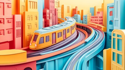 Colorful, abstract cityscape with a modern train on elevated tracks and vibrant buildings. Creative illustration of urban life and transportation.