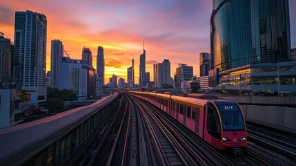 BANGKOK, THAILAND-APRIL 14, 2021: Beautiful sunset cityscape with modern building landmark, Chong Nonsi skywalk and BTS Skytrain or The Bangkok Mass Transit System at Sathorn bussiness center