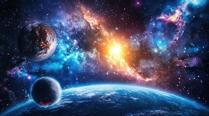 Fototapeta premium A Colorful Nebula With Planets and Stars in Outer Space