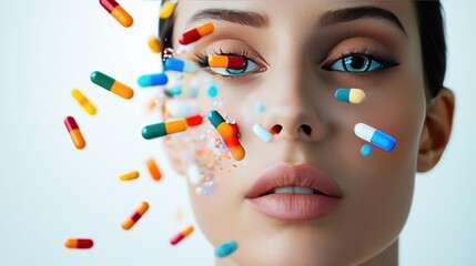 Vibrant pill-shaped bar graph on a woman's face, clean white background, abstract technology and statistics theme