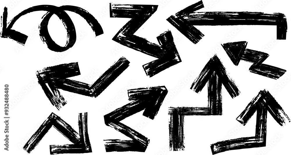 Poster arrow icons with various directions collection. bold brush drawn arrows with lightning shapes. angle
