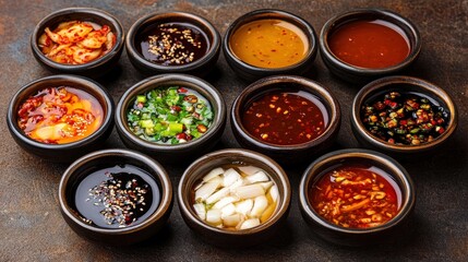 Flavors of Korea: Vibrant Korean BBQ Marinades and Sauces Displayed in Small Bowls