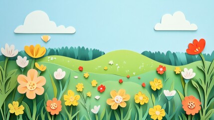 Fototapeta premium Colorful paper art floral landscape with various flowers in bloom, green hills, and a bright sky with clouds. Perfect for spring themes.