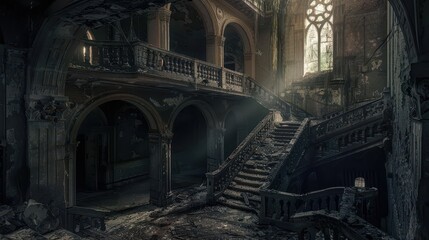 Fototapeta premium An abandoned structure filled with decay, featuring a dark stairway illuminated by light filtering through a shattered stained glass window