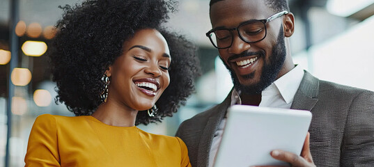 Two Happy Professional Business People Collaborating on a Tablet – Man and Woman Employees Working Together, Teamwork, Modern Office Setting, Digital Tablet Use