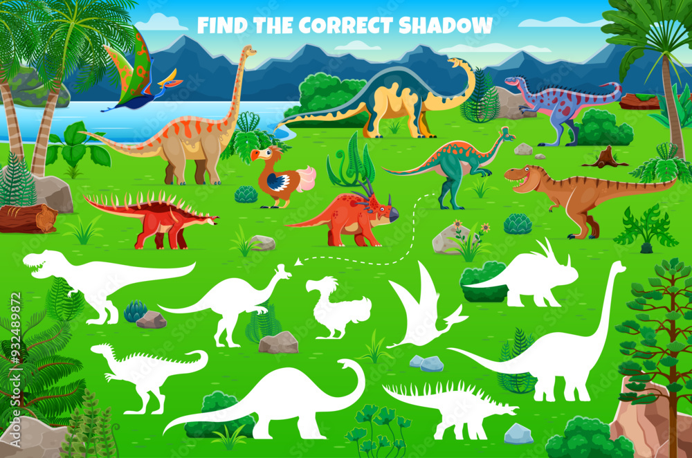 Wall mural Kids game worksheet, find the correct shadow of prehistoric dinosaur characters. Vector shadow match riddle for children logical mind development activity, preschool or kindergarten educational taskV