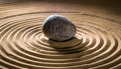 A closeup view of a rock in the middle of the rippled sand at a zen garden; meditation and harmony; a Japanese zen garden fixture of a rock in the middle of rippled sand; selective focus
