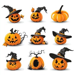A collection of whimsical Halloween pumpkins adorned with hats, perfect for festive decorations and seasonal celebrations.