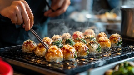 Naklejka premium 21080210 13 Takoyaki: A vendor preparing takoyaki (octopus balls) with a hot griddle, garnished with sauce and bonito flakes --ar 16:9 --v 6.1 Job ID: 4206e3fa-b73f-4113-9a6b-39a91becf5ee