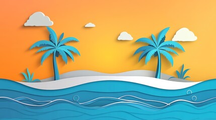 Fototapeta premium Colorful paper art scene of tropical island with blue ocean, palm trees, white sand, and orange sky perfect for summer and vacation themes.