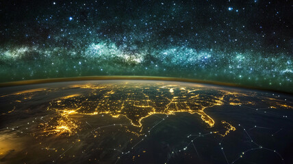 Obraz premium Night view of Europe from space showcasing city lights and the Milky Way in the background