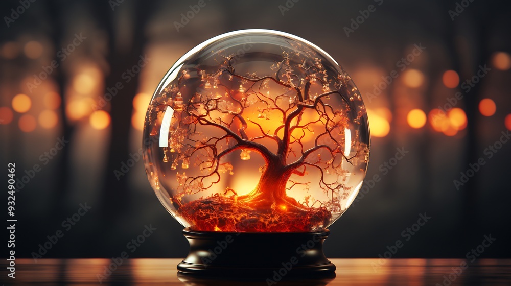 Poster halloween card depicting 3d crystal ball hovering midair with 2d spectral faces appearing in the mis