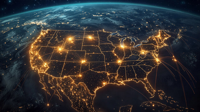 Nighttime aerial view of the United States illuminated by city lights showcasing network connections across the country
