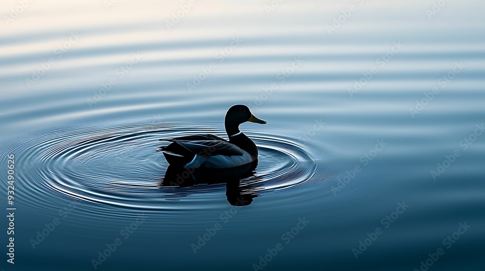 Poster semi-close-up of a duck silhouette floating on a quiet lake at dusk. soft reflections on the water a