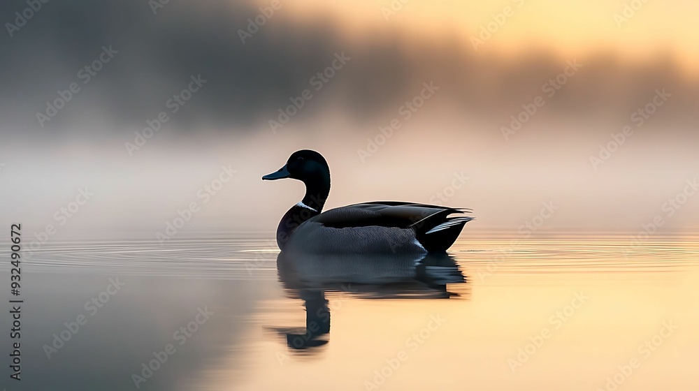 Poster semi-close-up of a duck silhouette floating peacefully on a misty lake at dawn. soft light filtering