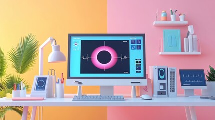 Modern workspace featuring a vibrant monitor with abstract design, minimalistic desk, and colorful wall for creative inspiration.