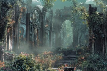 Obraz premium Overgrown Ruins of a Stone Cathedral in a Misty Forest