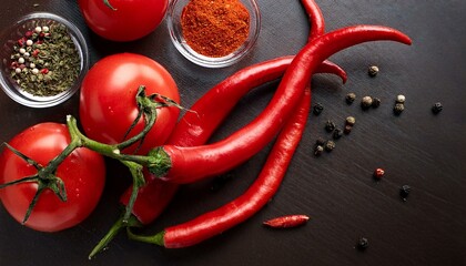 Red hot chili peppers and tomatoes in a studio food photography with dark table surface and bright lighting; spice and raw ingredients; 