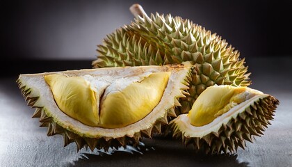 Obraz premium The King of fruits in South East Asia; an opened durian fruit with yellow and fat durian delicacy inside; food photography; dark background; 