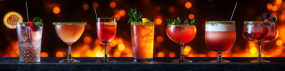 A vibrant display of assorted cocktails, perfect for summer parties and festive celebrations.