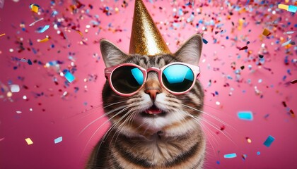 A cat smiling in a party hat and sunglasses with celebration confetti flying everywhere; pink background; selective focus; 