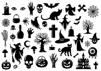 Vector illustration. Giant set of black silhouettes for Halloween.	