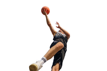 A basketball player leaps into the air, arm outstretched, preparing for a powerful slam dunk.

