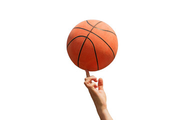 A hand skillfully balances a spinning basketball on one finger, showcasing control and precision.

