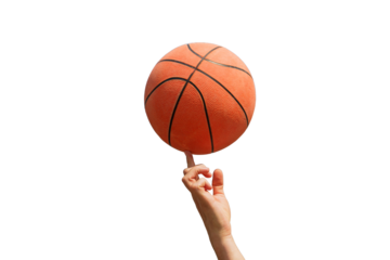 A hand skillfully balances a spinning basketball on one finger, showcasing control and precision.

