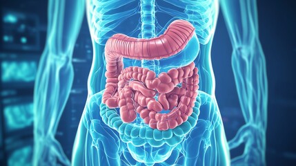 3D illustration of the human digestive system showcasing internal organs and intestines in a vibrant, anatomical view.