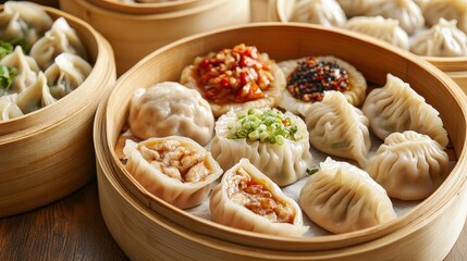 Delicious Chinese Dumplings Selection on Bamboo Steamer - Culinary Delights from China