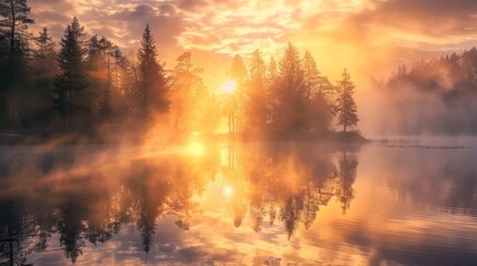 Fototapeta premium Sunrise Over Misty Lake