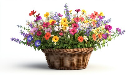 A 3D illustration of a flower arrangement in a wicker basket, bright and colorful, isolated on white background