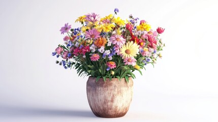 A detailed 3D illustration of a flower bouquet in a rustic vase, various flowers, isolated on white background