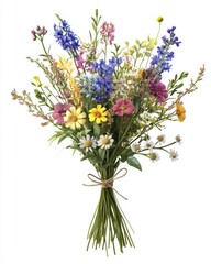 A detailed 3D render of a bouquet of mixed wildflowers, tied with twine, isolated on white background