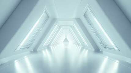 A futuristic corridor with triangular architecture and bright white lighting