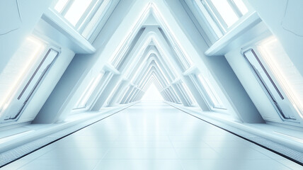 Obraz premium Bright, futuristic corridor with angular architecture and abundant natural light in a minimalist design