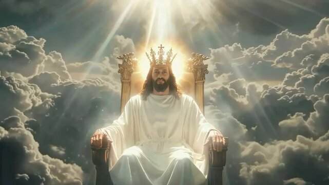 Jesus Christ sitting on the throne in heaven in divinity light and welcoming his followers. Second coming of Jesus Christ. Biblical scene. Christian religion concept